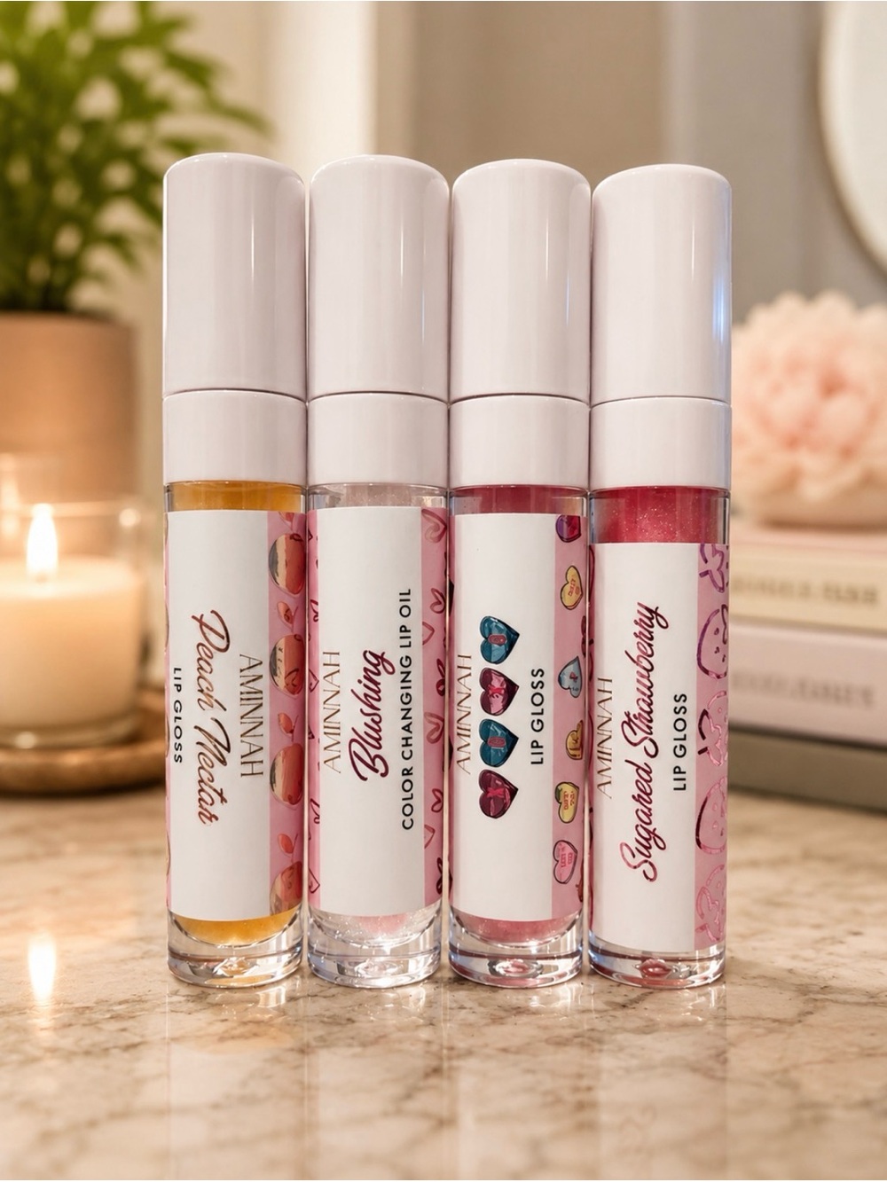 Aminah (NWT) Lip Gloss Set — Peach Nectar,Blushing, XOXO, & Sugared Strawberry